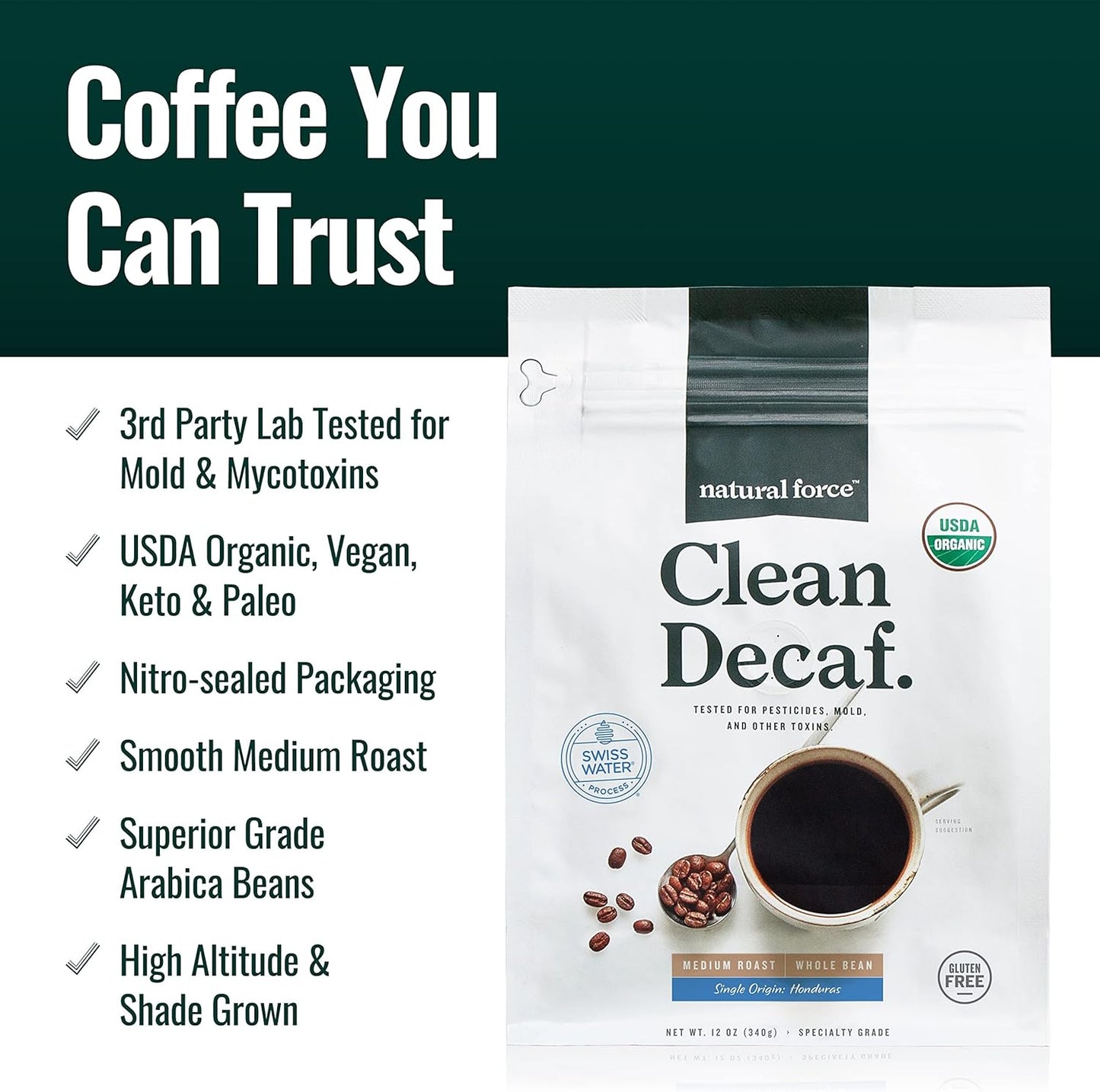 Organic Clean Decaf Coffee & MCT Oil Bundle - Pure Coconut MCTs, Mold-Free Coffee - Non-GMO, Keto, Paleo, Vegan - 12 Oz & 16 Oz