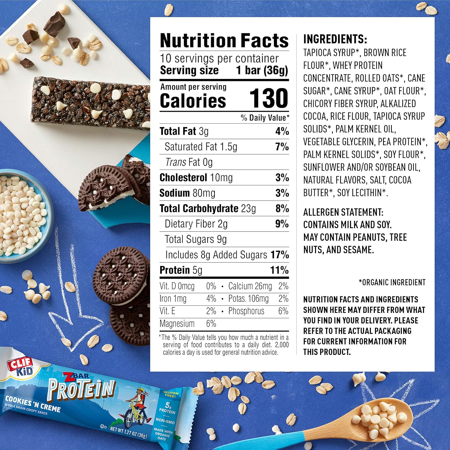 Organic CLIF KID ZBAR Protein Granola Bars, Cookies and Creme Flavor, Non-GMO Snacks - 10 Count Energy Bars for Lunch Boxes