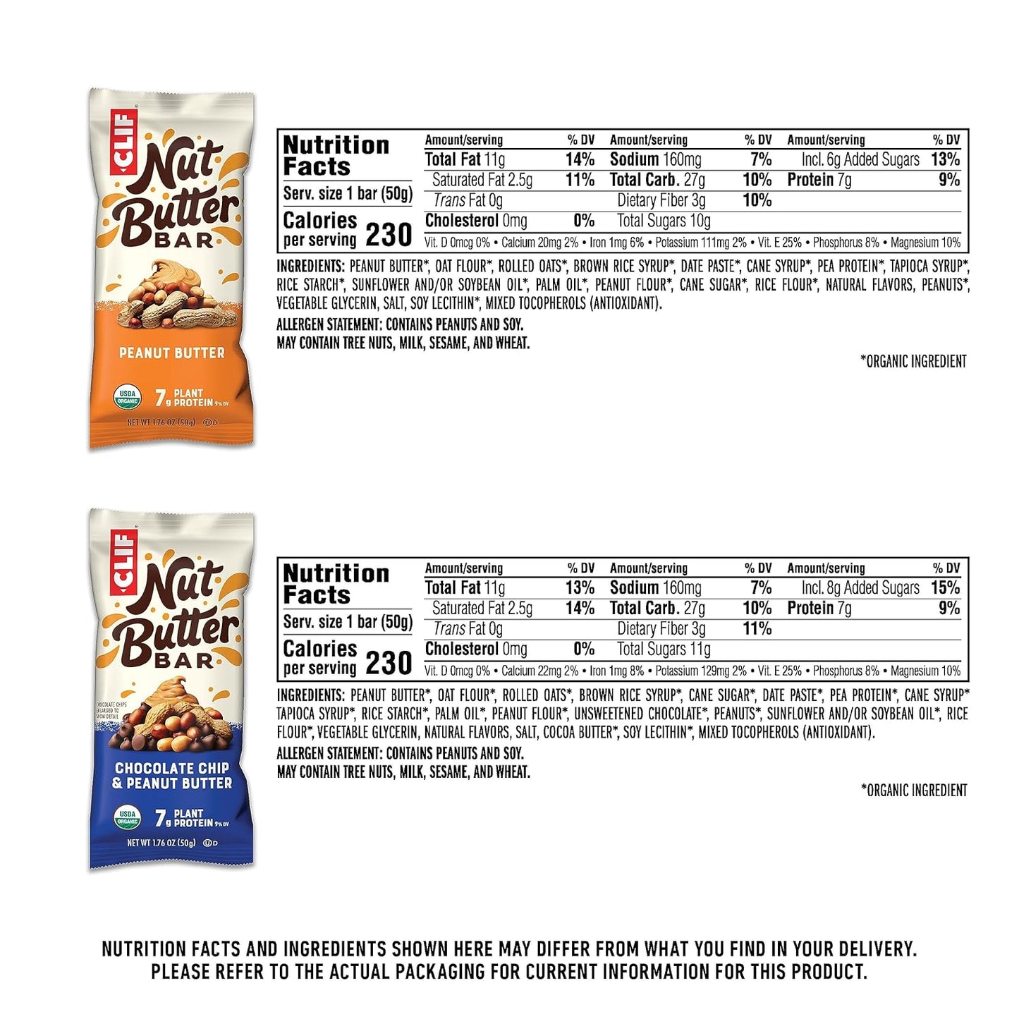Organic Clif Nut Butter Bar Variety Pack - Peanut Butter Energy Bars - Plant-Based Snack - Non-GMO - Low Glycemic - 1.76 oz (12 Bars)