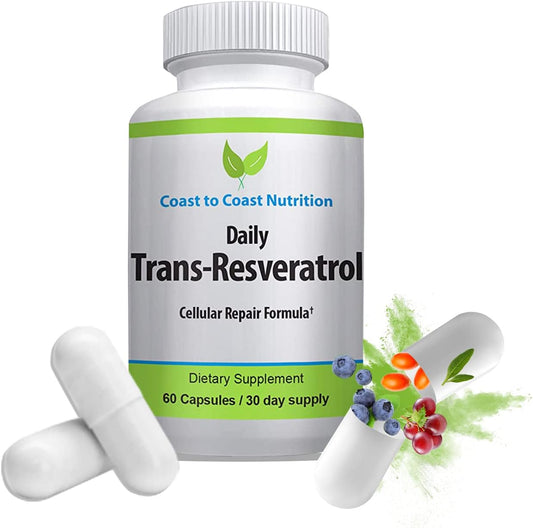 Organic Coast to Coast Trans-Resveratrol Supplement - Vegan Capsules for Women and Men - Natural Antioxidant Polyphenols - Anti Aging 600mg - 60 Capsules, 30 Day Supply
