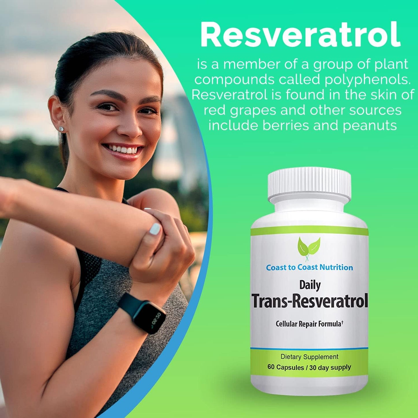 Organic Coast to Coast Trans-Resveratrol Supplement - Vegan Capsules for Women and Men - Natural Antioxidant Polyphenols - Anti Aging 600mg - 60 Capsules, 30 Day Supply