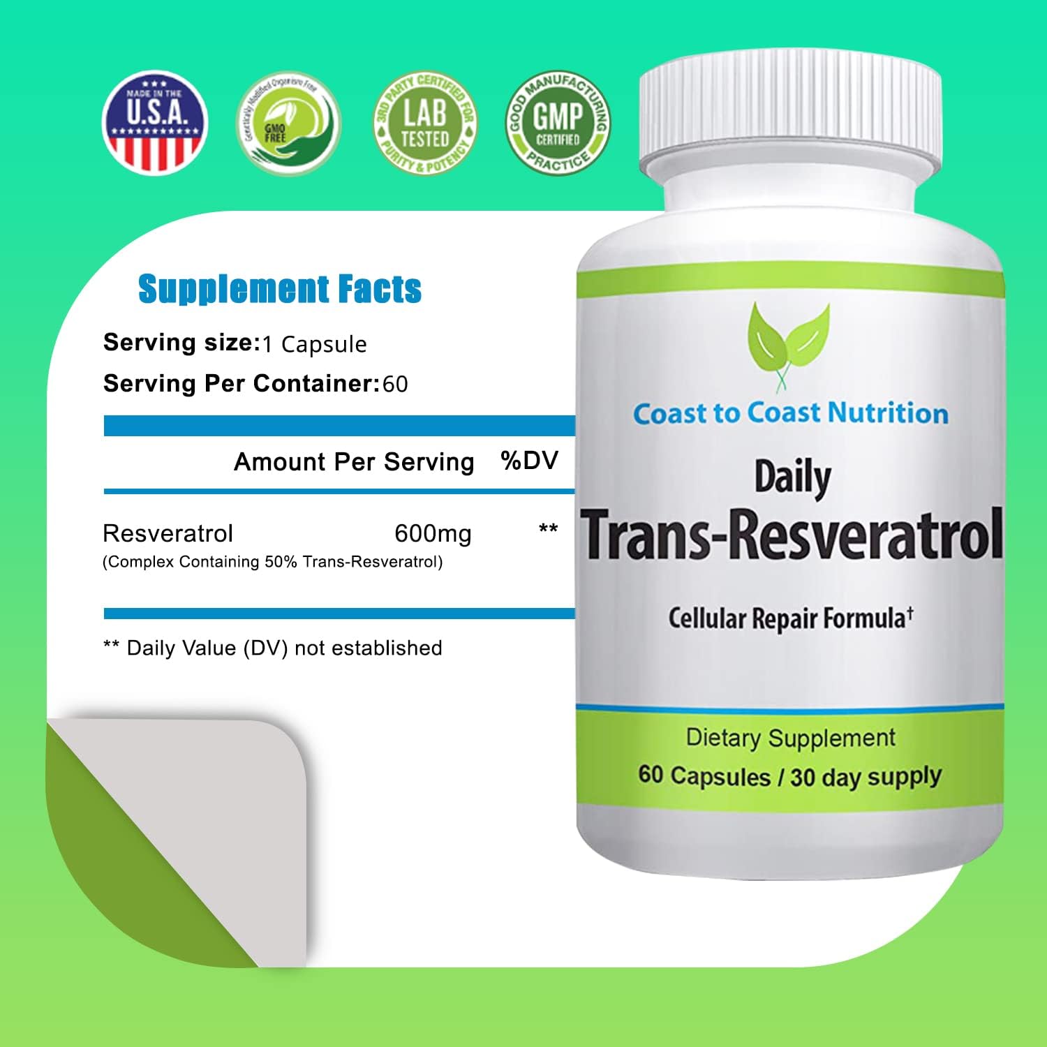 Organic Coast to Coast Trans-Resveratrol Supplement - Vegan Capsules for Women and Men - Natural Antioxidant Polyphenols - Anti Aging 600mg - 60 Capsules, 30 Day Supply