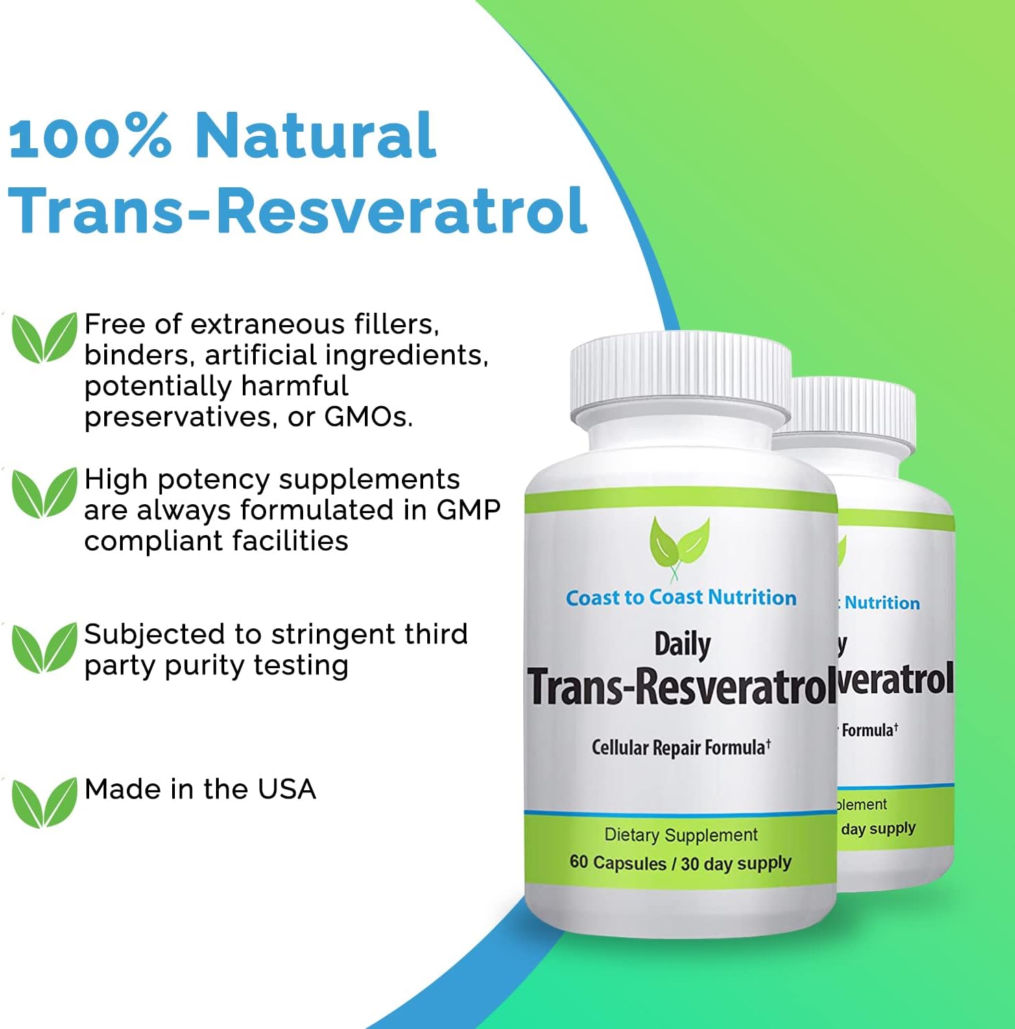 Organic Coast to Coast Trans-Resveratrol Supplement - Vegan Capsules for Women and Men - Natural Antioxidant Polyphenols - Anti Aging 600mg - 60 Capsules, 30 Day Supply