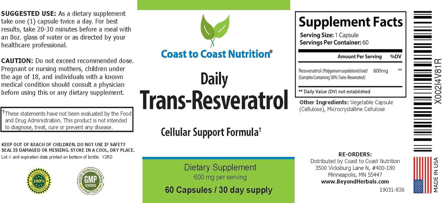 Organic Coast to Coast Trans-Resveratrol Supplement - Vegan Capsules for Women and Men - Natural Antioxidant Polyphenols - Anti Aging 600mg - 60 Capsules, 30 Day Supply