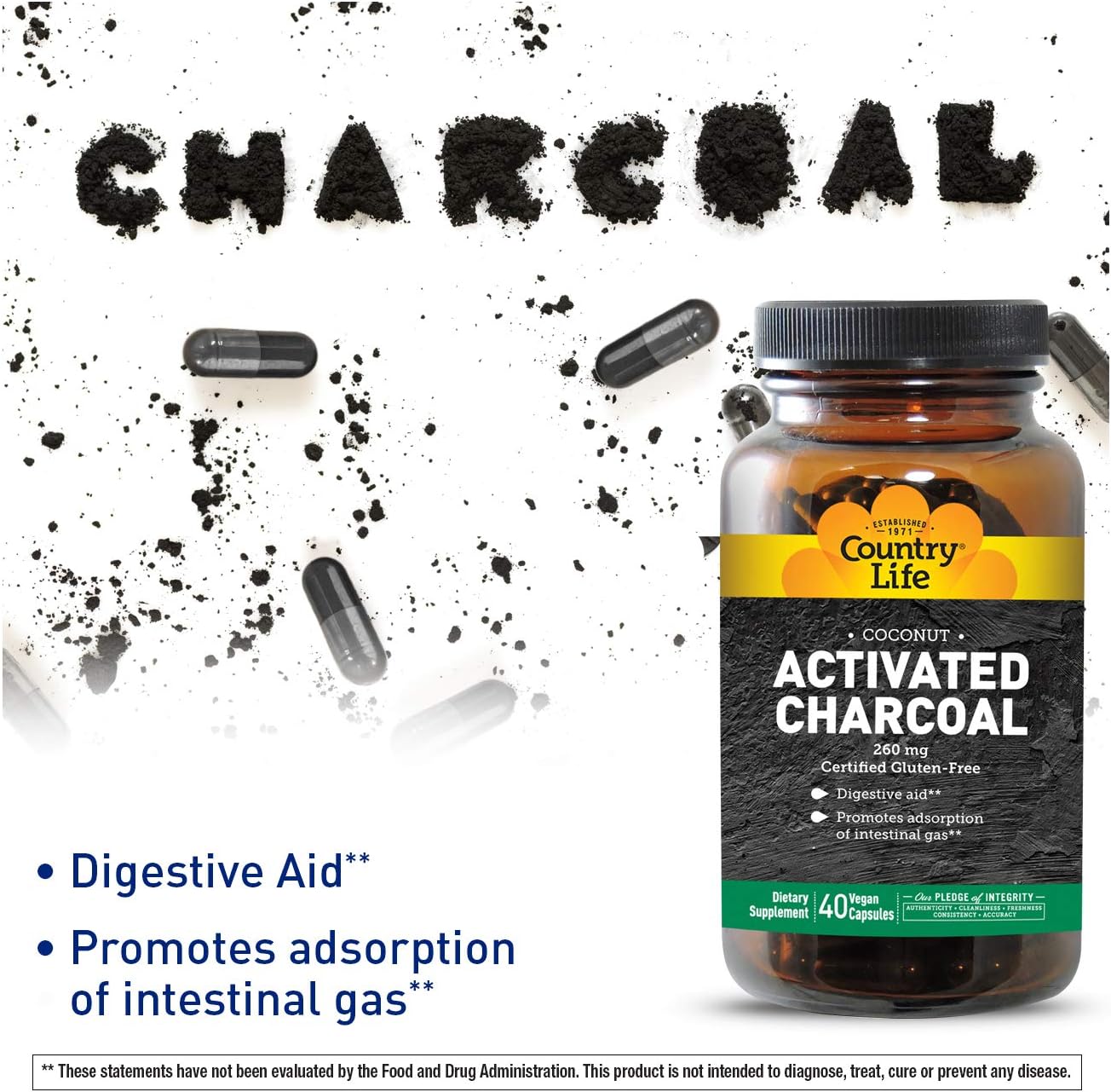 Organic Coconut Charcoal Capsules 260mg - Natural Relief for Gas & Bloating - Gluten-Free, Non-GMO - 40 Vegan Capsules