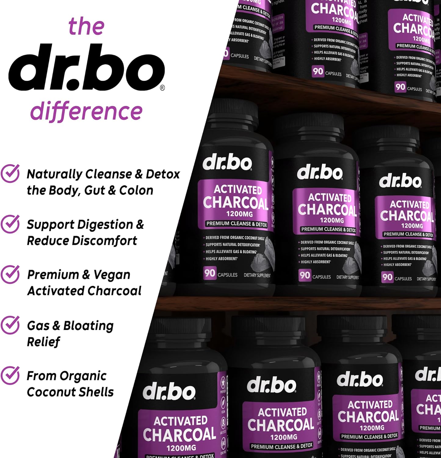 Organic Coconut Charcoal Capsules for Gas & Bloating Relief - 1200mg Detox Pills for Men, Women, and Kids - Gut Health Supplements with Activated Charcoal Binder Powder - BoostGo Australia