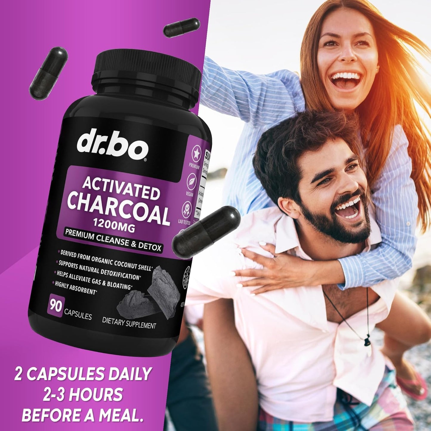 Organic Coconut Charcoal Capsules for Gas & Bloating Relief - 1200mg Detox Pills for Men, Women, and Kids - Gut Health Supplements with Activated Charcoal Binder Powder - BoostGo Australia