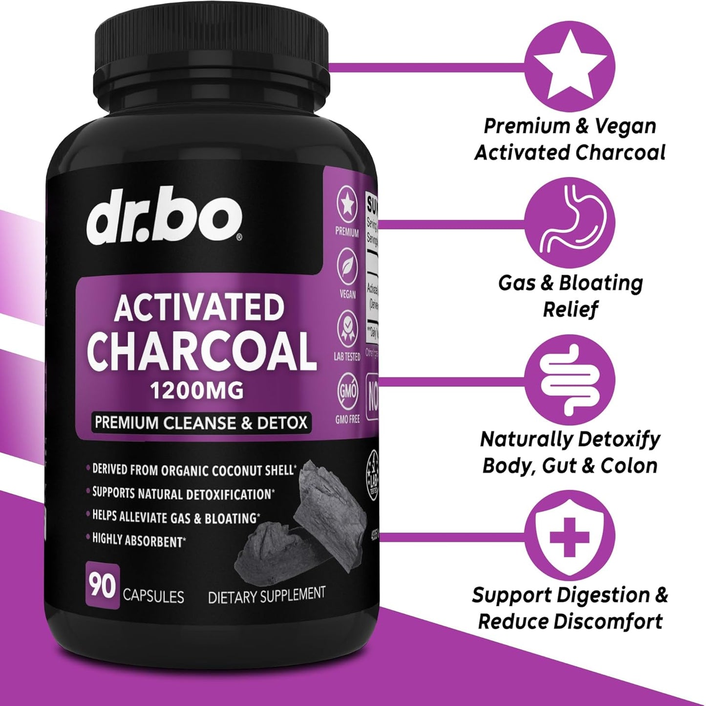 Organic Coconut Charcoal Pills for Colon Cleanse & Detox - Dr. BO Activated Charcoal Capsules for Stomach Gas Relief in Men, Women, and Kids - Natural Intestinal Cleanse Supplement for Healthy Bowel Movements