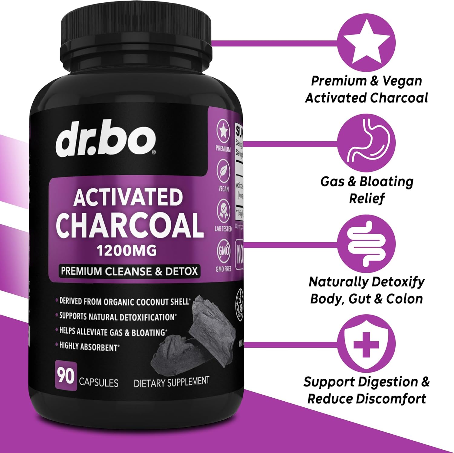 Organic Coconut Charcoal Pills for Colon Cleanse & Detox - Dr. BO Activated Charcoal Capsules for Stomach Gas Relief in Men, Women, and Kids - Natural Intestinal Cleanse Supplement for Healthy Bowel Movements