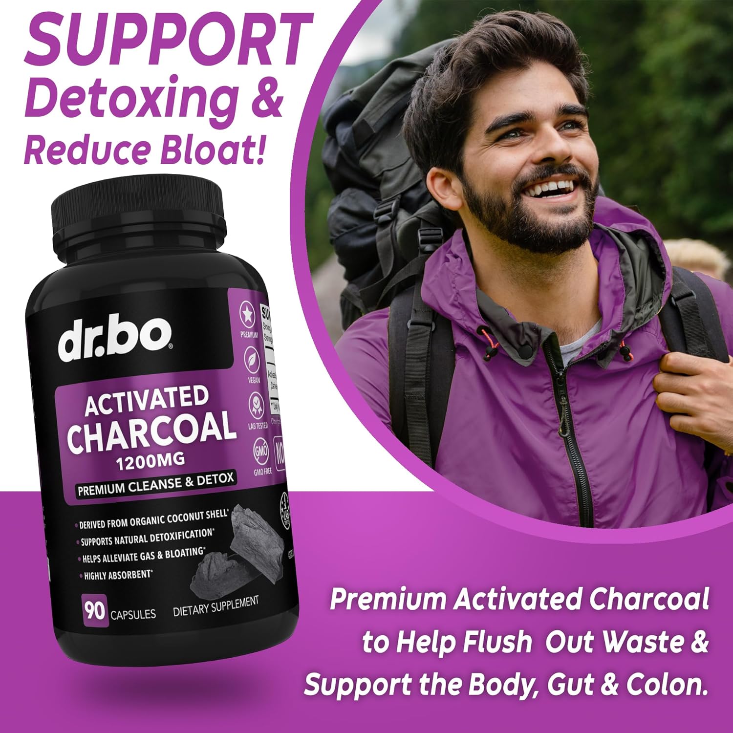 Organic Coconut Charcoal Pills for Colon Cleanse & Detox - Dr. BO Activated Charcoal Capsules for Stomach Gas Relief in Men, Women, and Kids - Natural Intestinal Cleanse Supplement for Healthy Bowel Movements