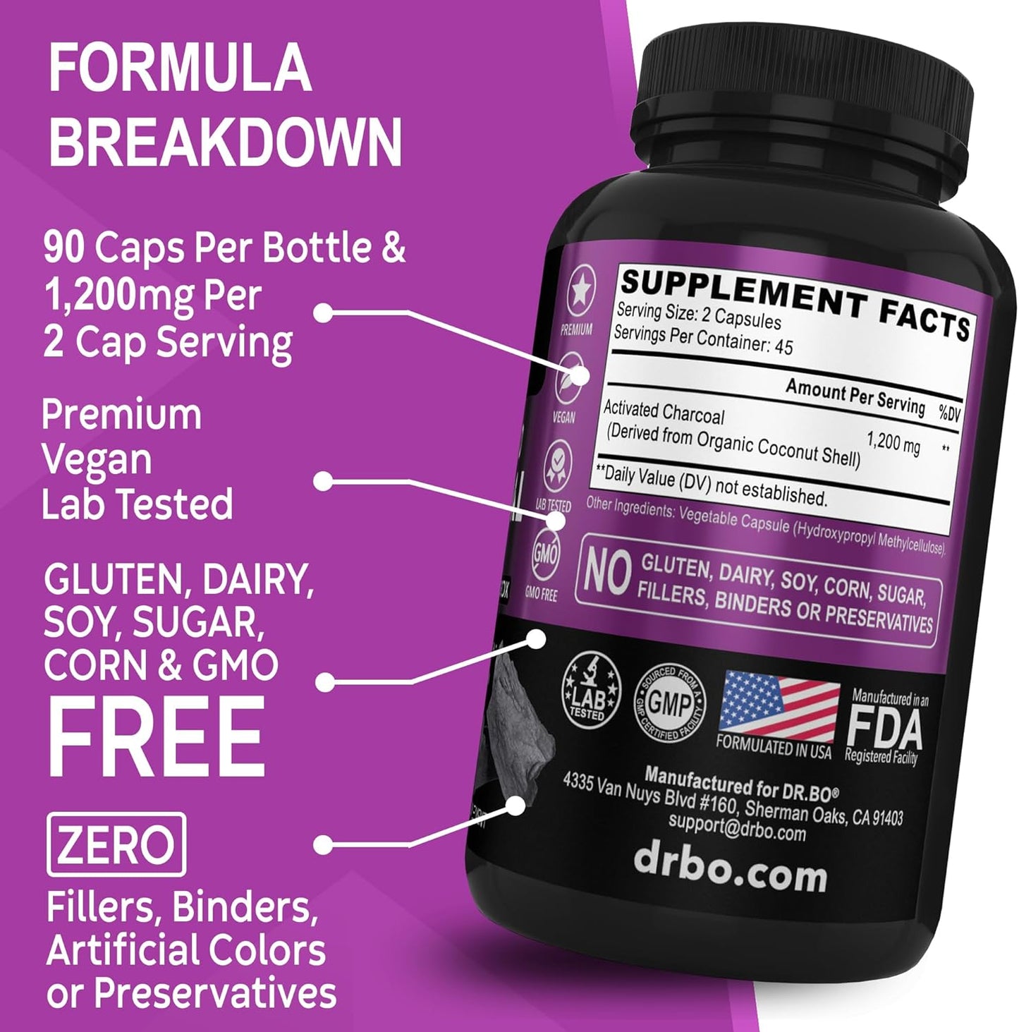 Organic Coconut Charcoal Pills for Colon Cleanse & Detox - Dr. BO Activated Charcoal Capsules for Stomach Gas Relief in Men, Women, and Kids - Natural Intestinal Cleanse Supplement for Healthy Bowel Movements