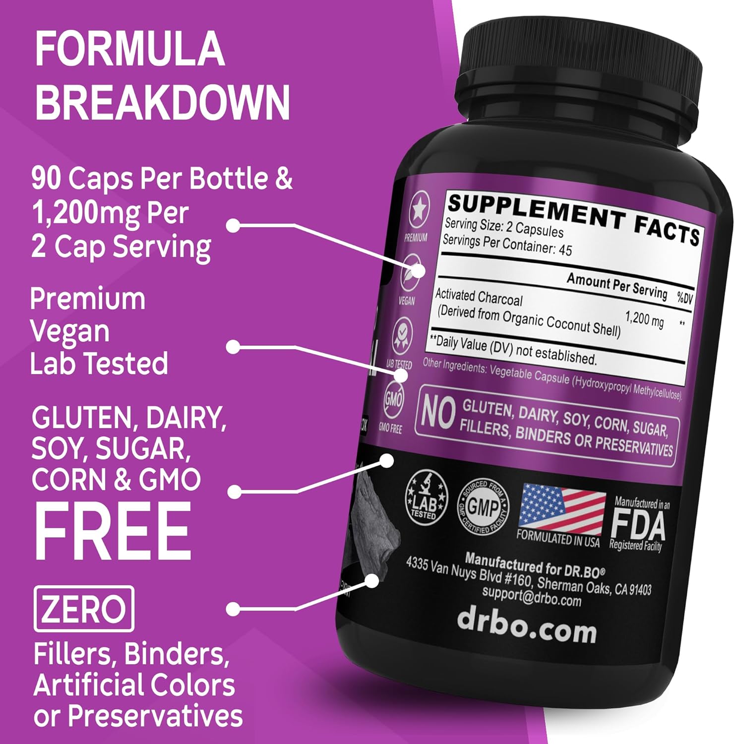 Organic Coconut Charcoal Pills for Colon Cleanse & Detox - Dr. BO Activated Charcoal Capsules for Stomach Gas Relief in Men, Women, and Kids - Natural Intestinal Cleanse Supplement for Healthy Bowel Movements