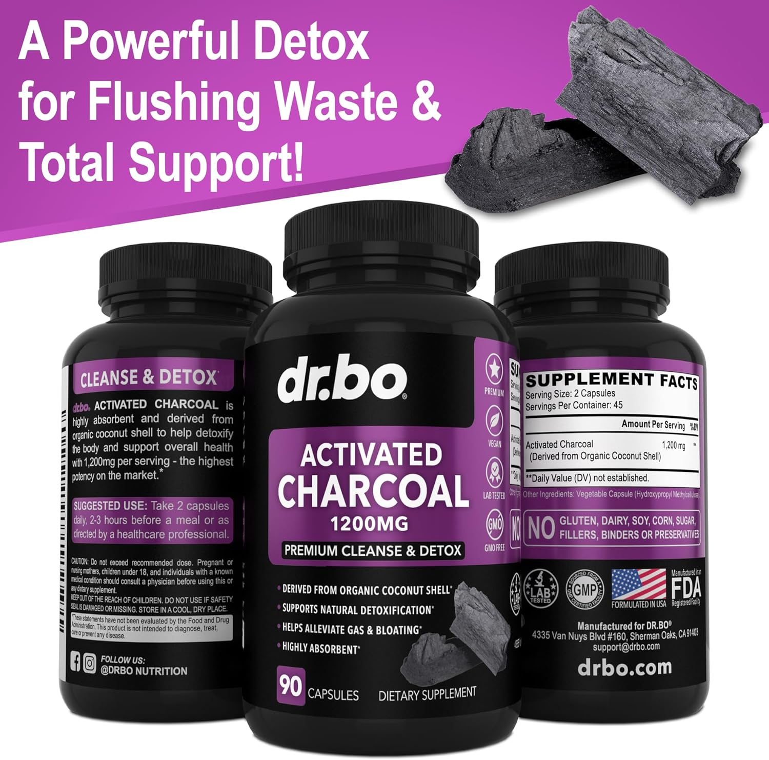 Organic Coconut Charcoal Pills for Colon Cleanse & Detox - Dr. BO Activated Charcoal Capsules for Stomach Gas Relief in Men, Women, and Kids - Natural Intestinal Cleanse Supplement for Healthy Bowel Movements