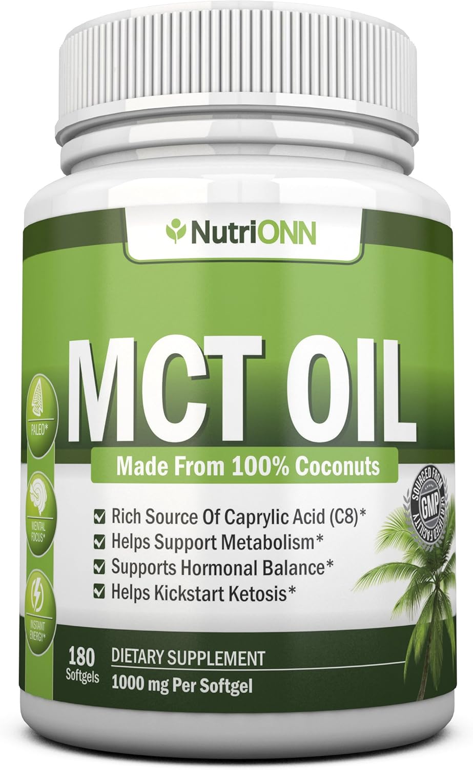 Organic Coconut MCT Oil Softgels - 180 Capsules, 3000mg Per Serving - Non GMO, Cold Pressed, Paleo Friendly - Promotes Focus and Gut Health