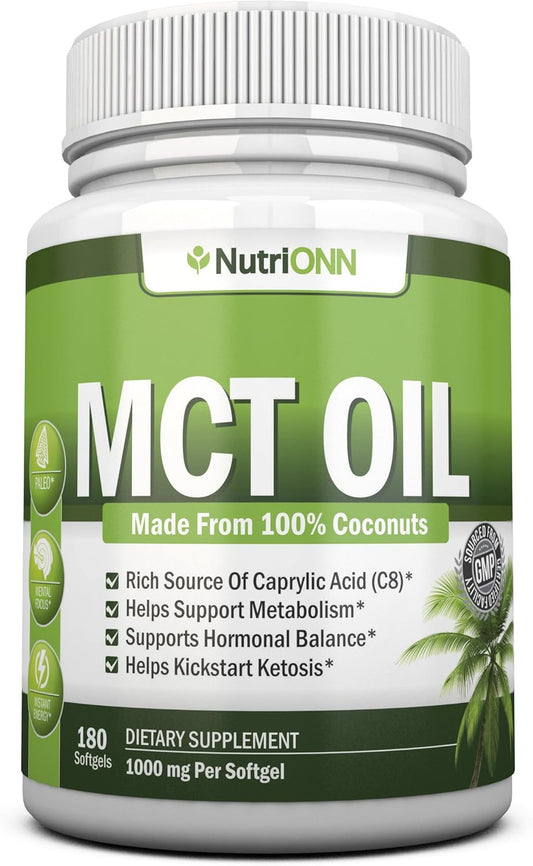 Organic Coconut MCT Oil Softgels - 180 Capsules, 3000mg Per Serving - Non GMO, Cold Pressed, Paleo Friendly - Promotes Focus and Gut Health