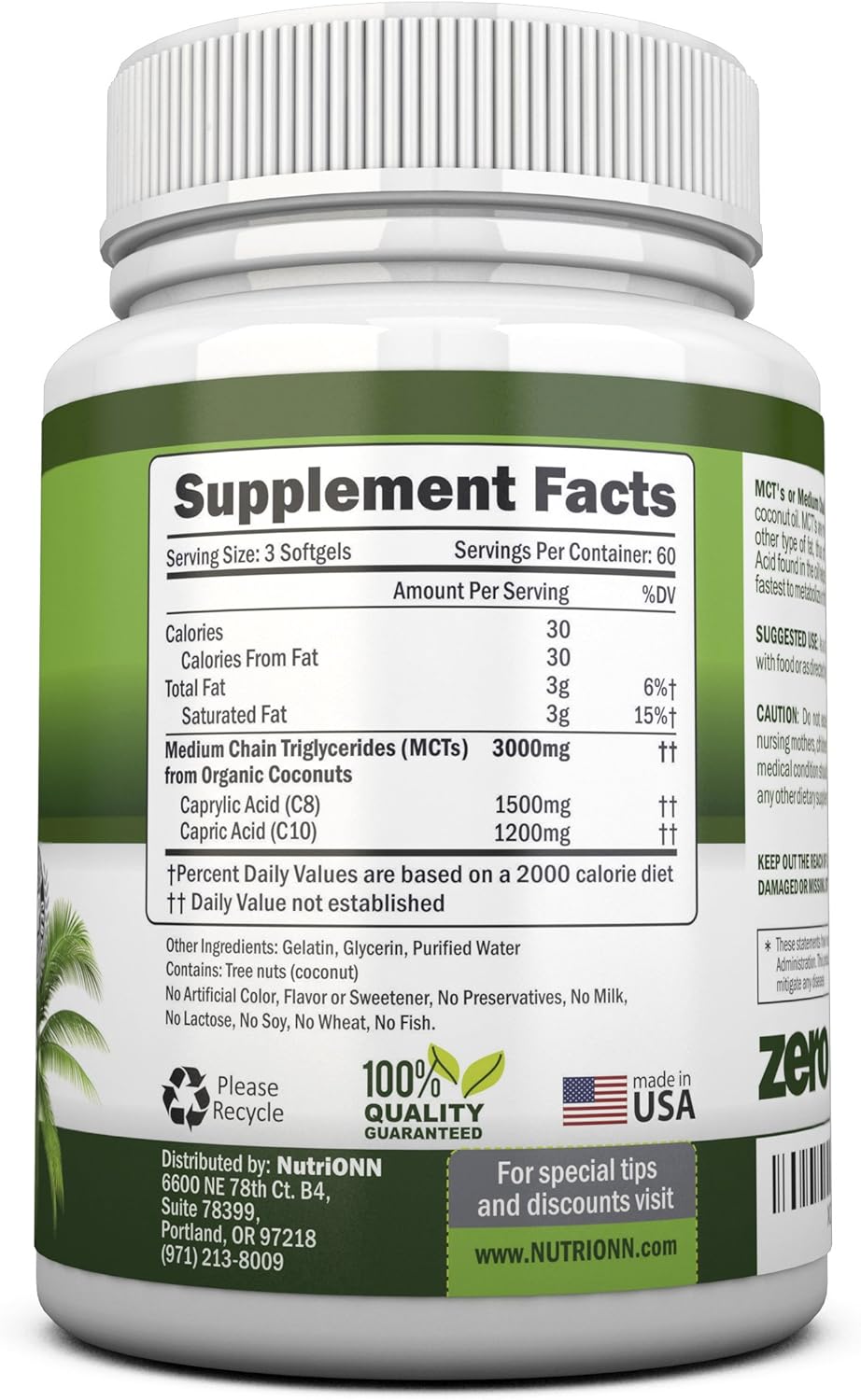 Organic Coconut MCT Oil Softgels - 180 Capsules, 3000mg Per Serving - Non GMO, Cold Pressed, Paleo Friendly - Promotes Focus and Gut Health