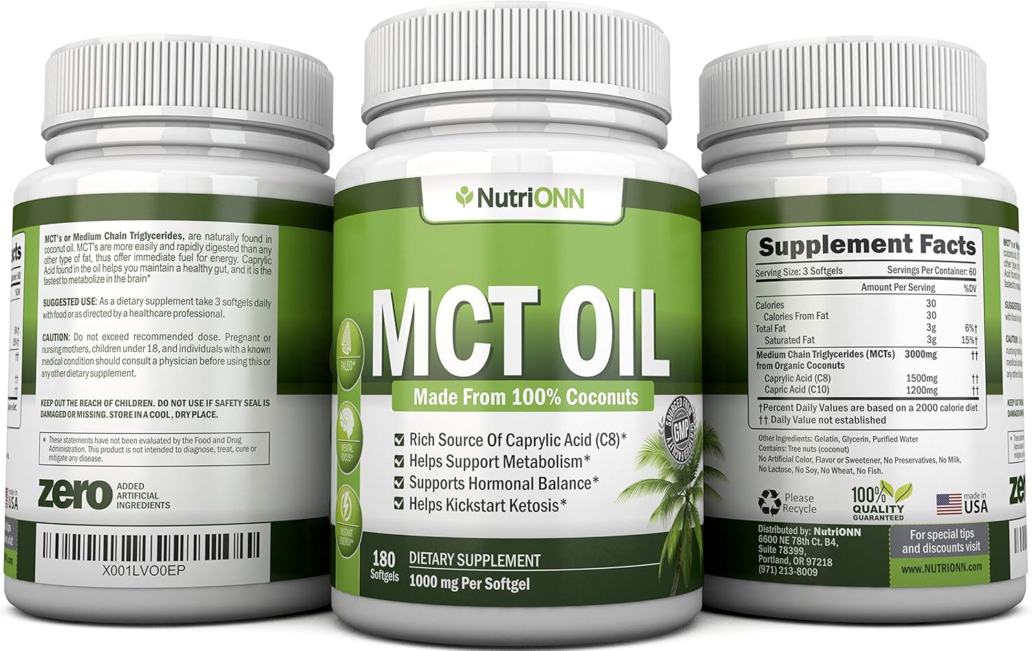 Organic Coconut MCT Oil Softgels - 180 Capsules, 3000mg Per Serving - Non GMO, Cold Pressed, Paleo Friendly - Promotes Focus and Gut Health