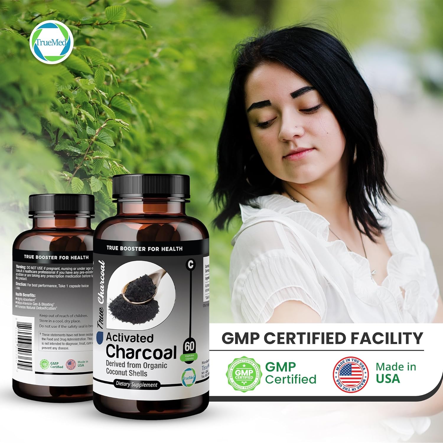 Organic Coconut Shell Derived Charcoal Capsules for Detox & Digestive Health, 1200mg, 60ct - TRUEMED Activated Charcoal