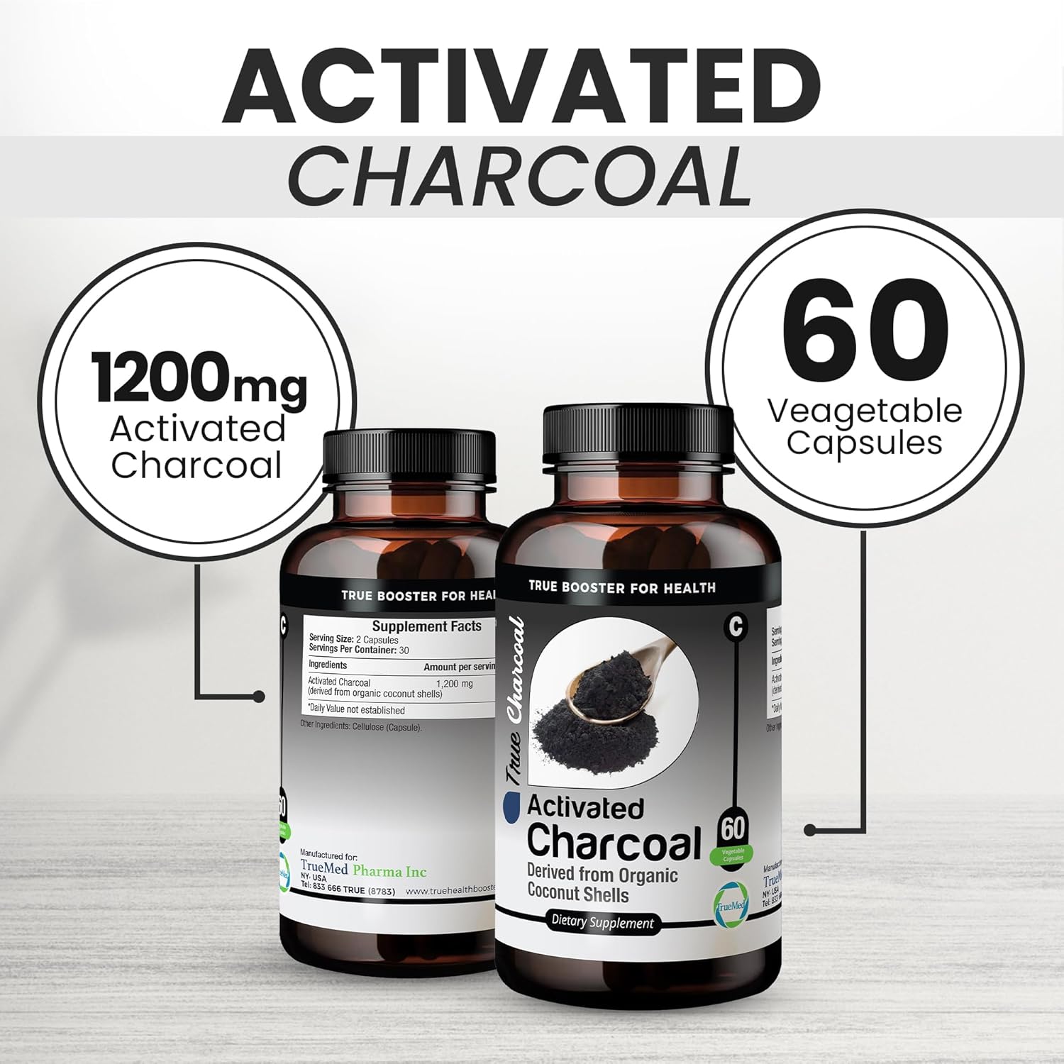 Organic Coconut Shell Derived Charcoal Capsules for Detox & Digestive Health, 1200mg, 60ct - TRUEMED Activated Charcoal