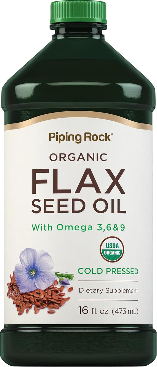 Organic Cold Pressed Flaxseed Oil Supplement | 16 fl oz | Omega-3, 6, & 9 | Non GMO, Gluten Free | Piping Rock