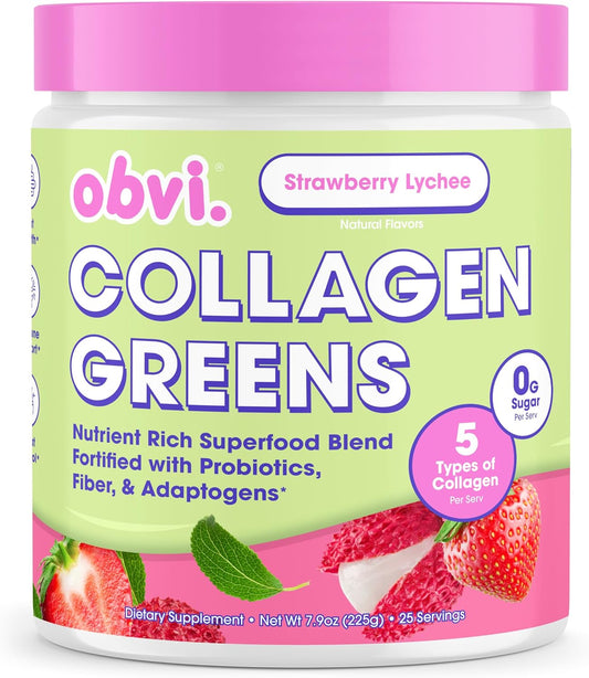 Organic Collagen Greens Superfood Powder with Probiotics for Gut Health, Skin, Hair, Nails - Strawberry Lychee Flavor, 25 Servings