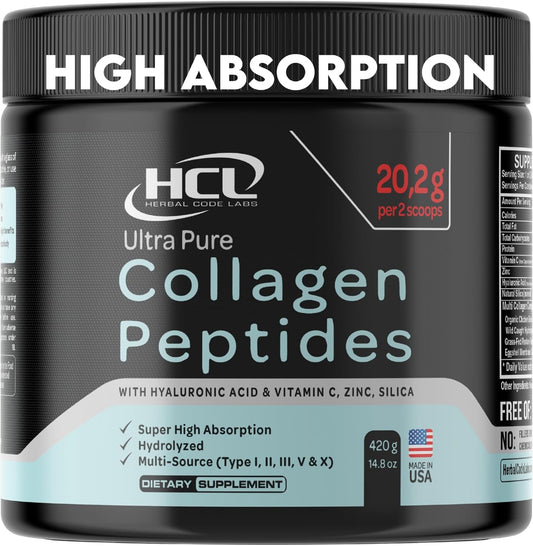 Organic Collagen Peptides Powder with Vitamin C & Hyaluronic Acid for Skin, Hair, and Joints - High Absorption Hydrolyzed Blend - Made in USA