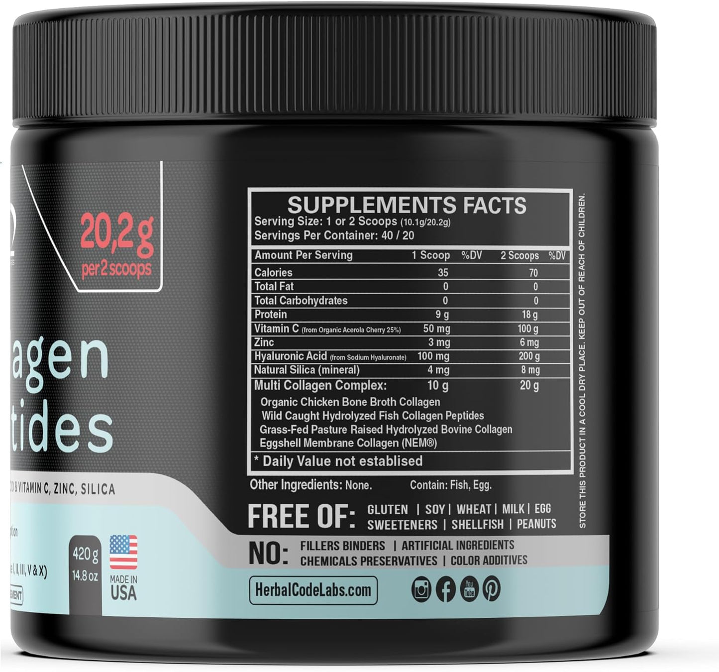 Organic Collagen Peptides Powder with Vitamin C & Hyaluronic Acid for Skin, Hair, and Joints - High Absorption Hydrolyzed Blend - Made in USA