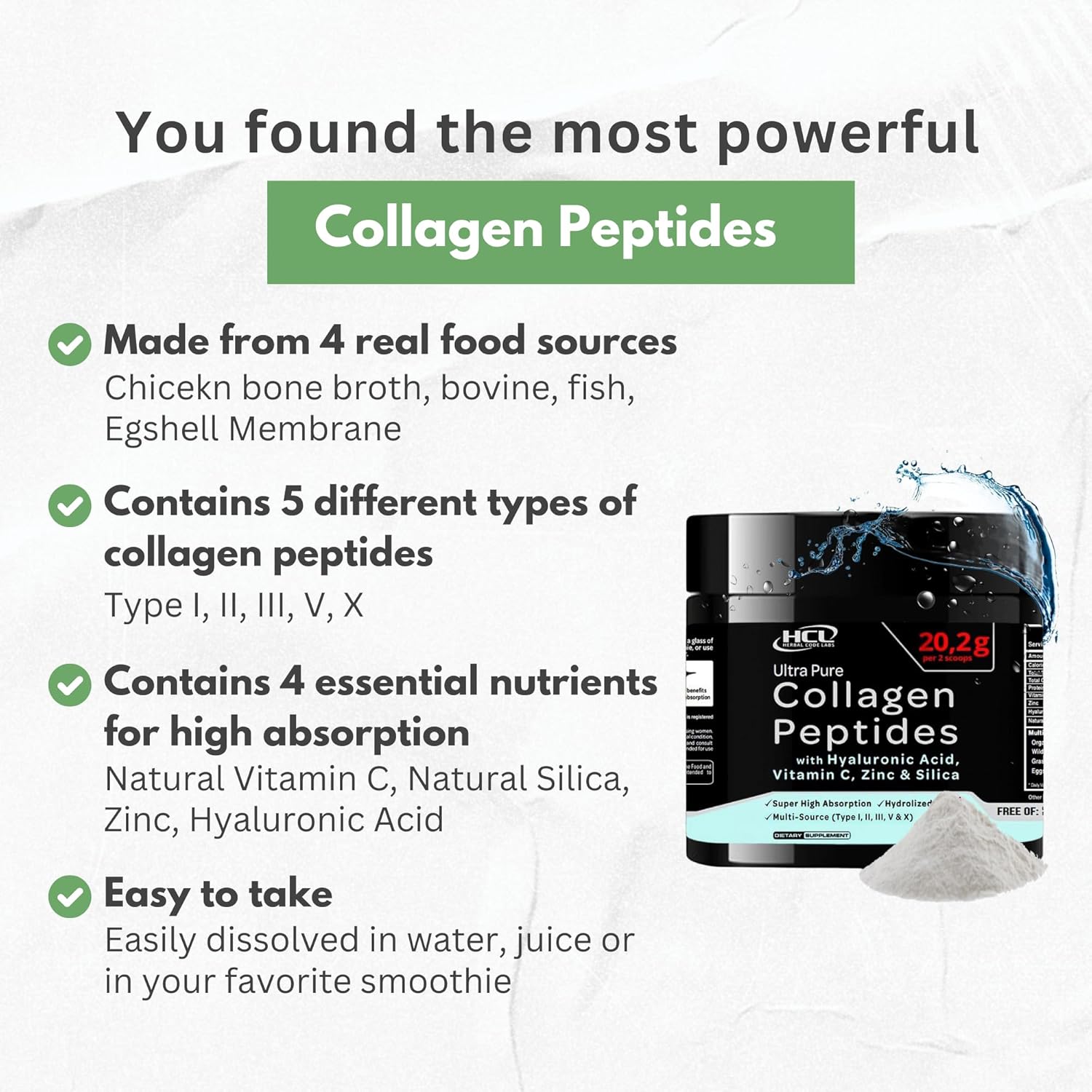 Organic Collagen Peptides Powder with Vitamin C & Hyaluronic Acid for Skin, Hair, and Joints - High Absorption Hydrolyzed Blend - Made in USA