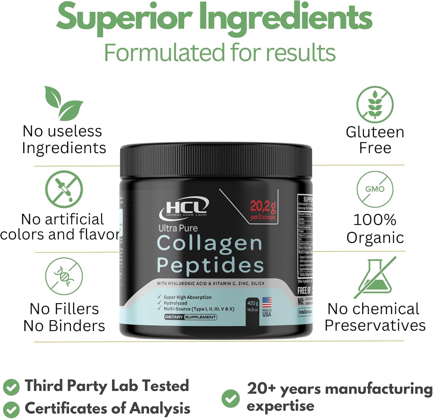 Organic Collagen Peptides Powder with Vitamin C & Hyaluronic Acid for Skin, Hair, and Joints - High Absorption Hydrolyzed Blend - Made in USA