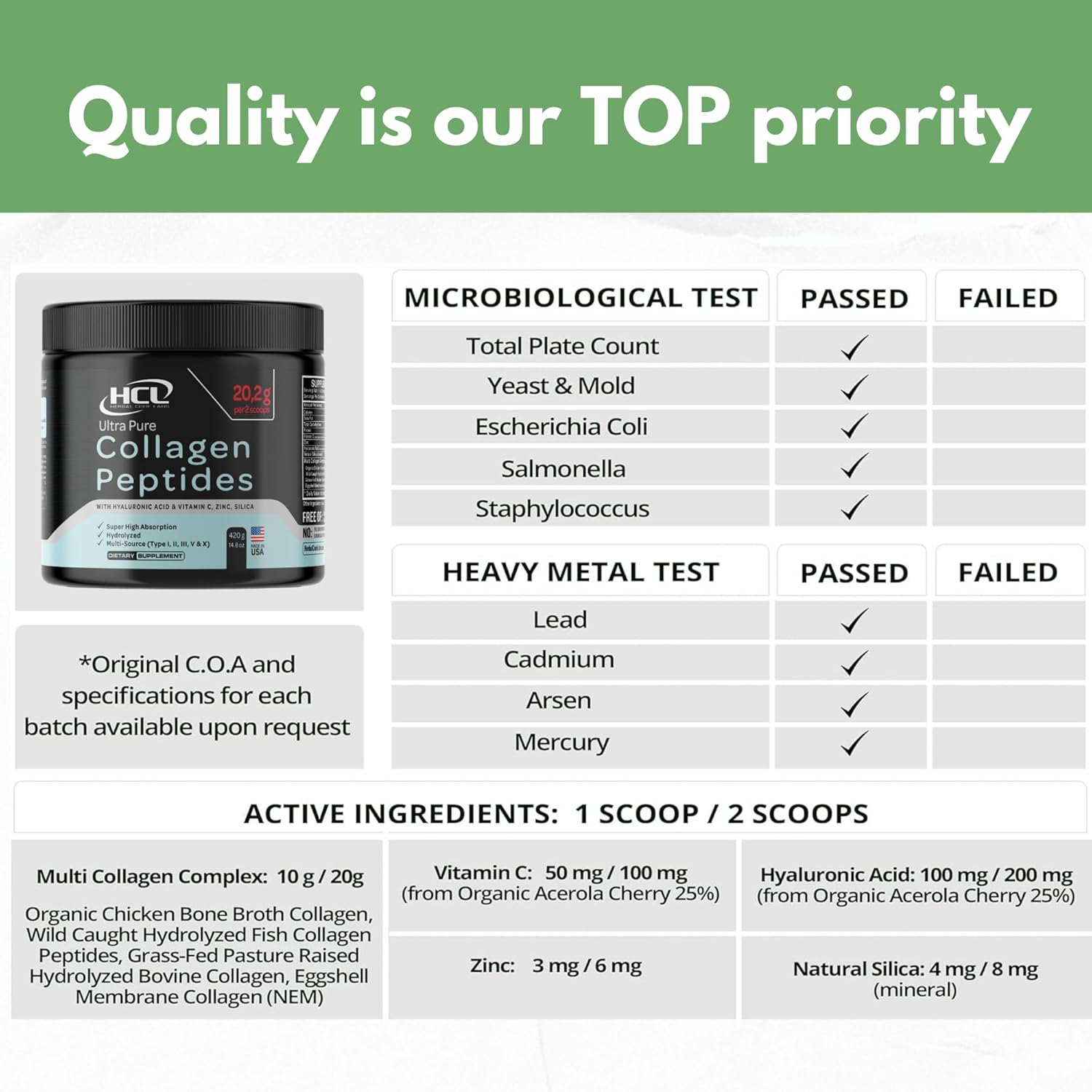 Organic Collagen Peptides Powder with Vitamin C & Hyaluronic Acid for Skin, Hair, and Joints - High Absorption Hydrolyzed Blend - Made in USA