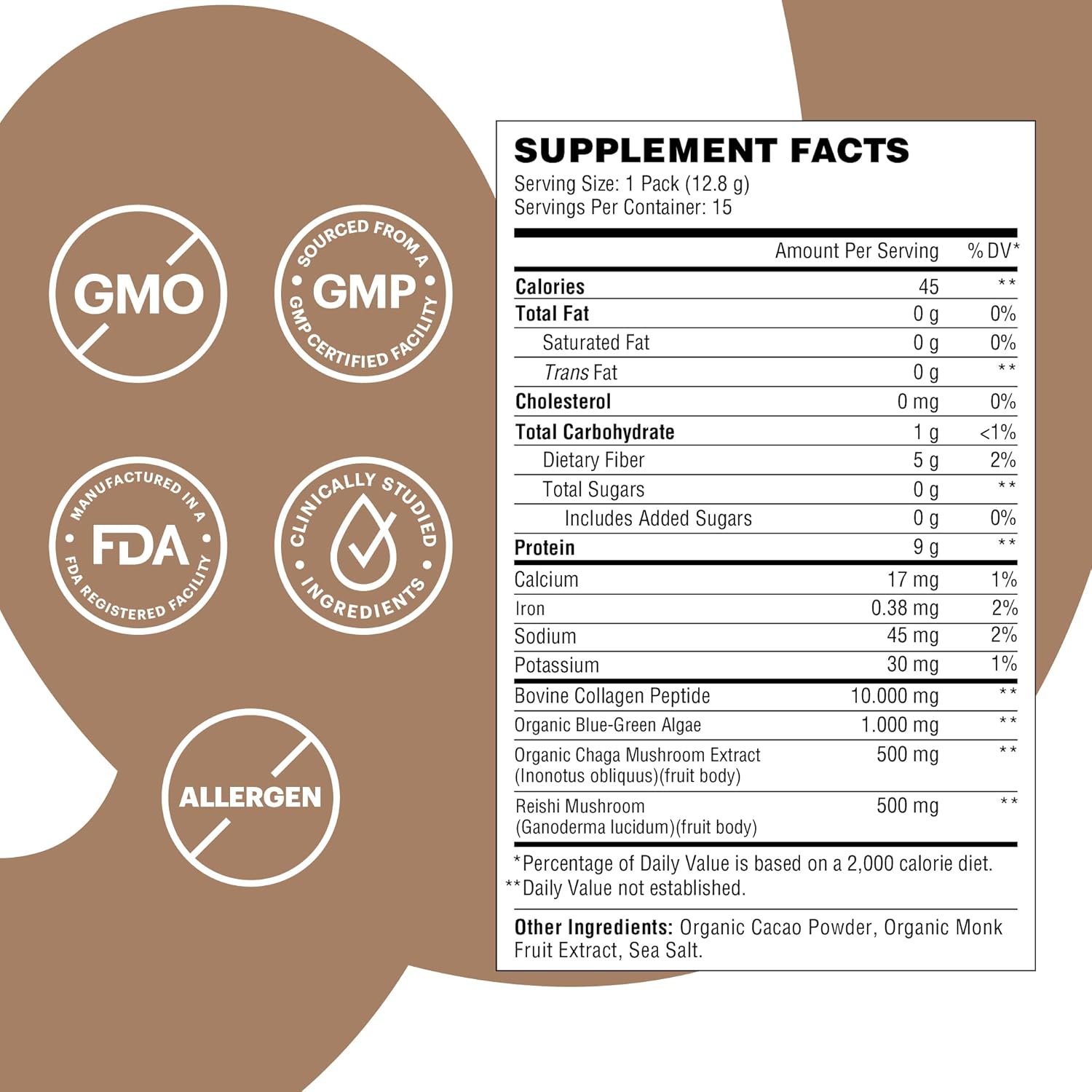 Organic Collagen Superfood Powder with Cacao, Mushroom Extracts, and Matcha - Stress Relief, Allergen-Free & Non-GMO