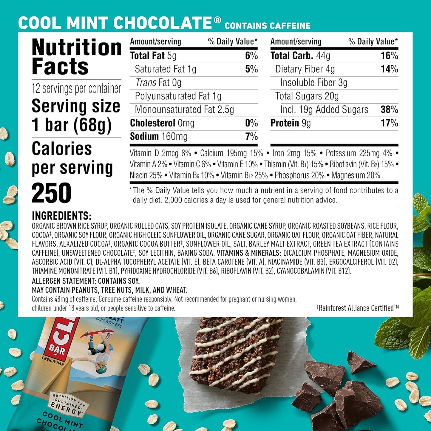 Organic Cool Mint Chocolate Energy Bars with Caffeine - Plant Based Protein Snack - Vegetarian & Kosher - 24 Count Pack