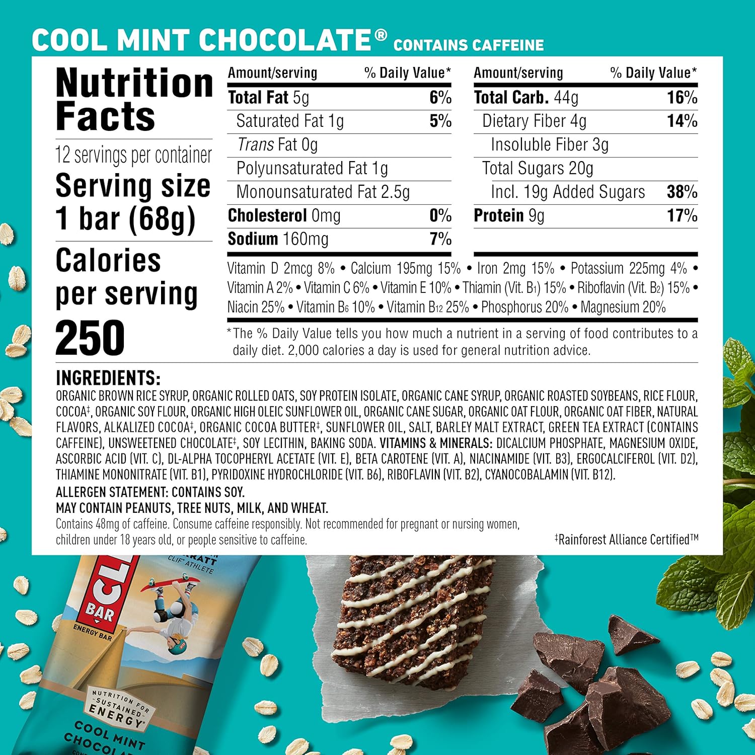Organic Cool Mint Chocolate Energy Bars with Caffeine - Plant Based Protein Snack - Vegetarian & Kosher - 24 Count Pack