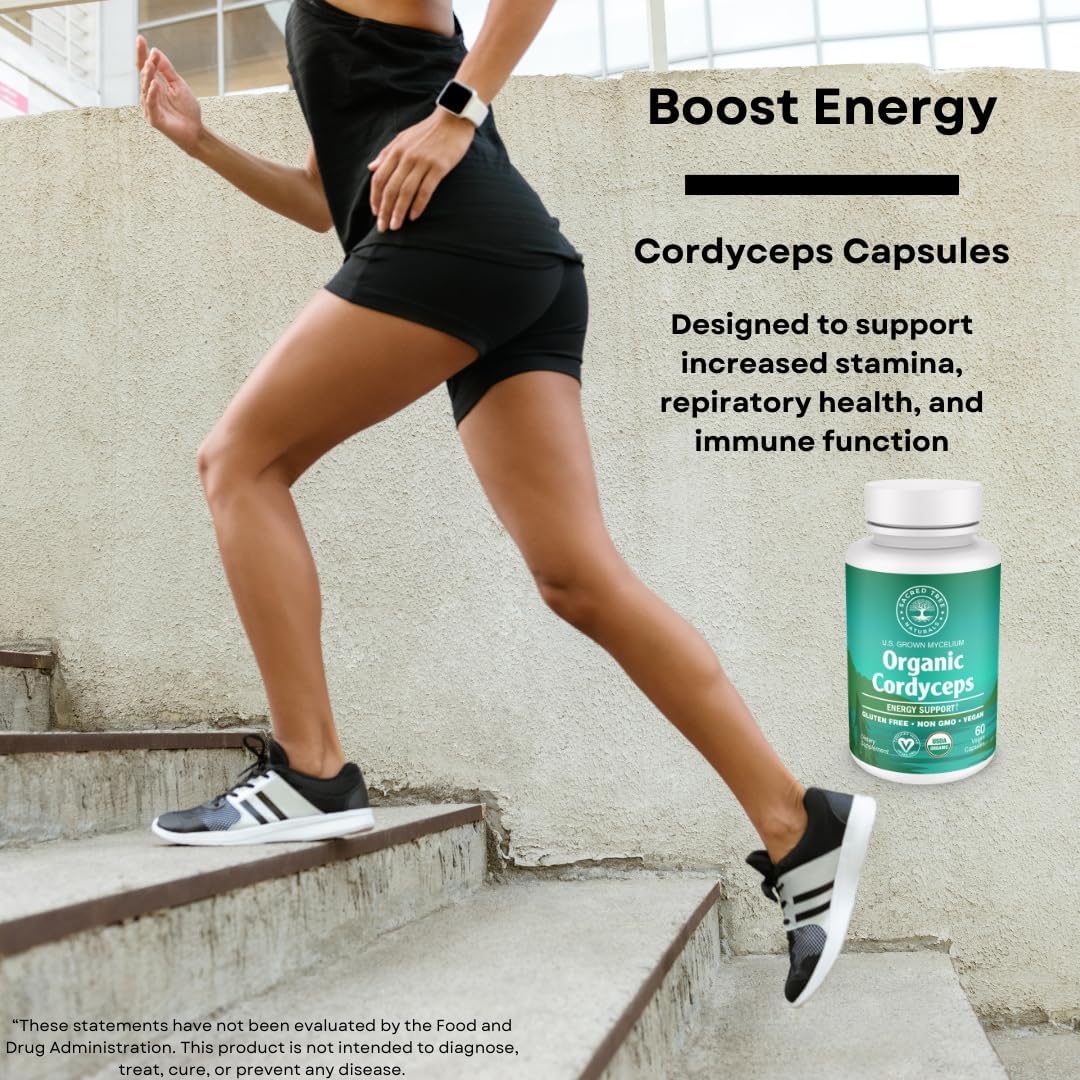 Organic Cordyceps Mushroom Capsules for Natural Energy & Stamina - Vegan Adaptogen Supplement for Immune Health - Pure & Non-GMO - 60 Capsules