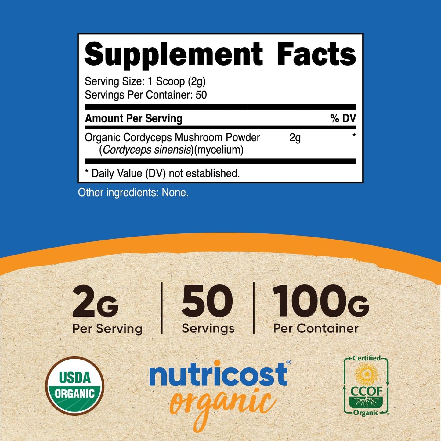 Organic Cordyceps Powder 100g - USDA Certified, Non-GMO, Gluten Free by Nutricost