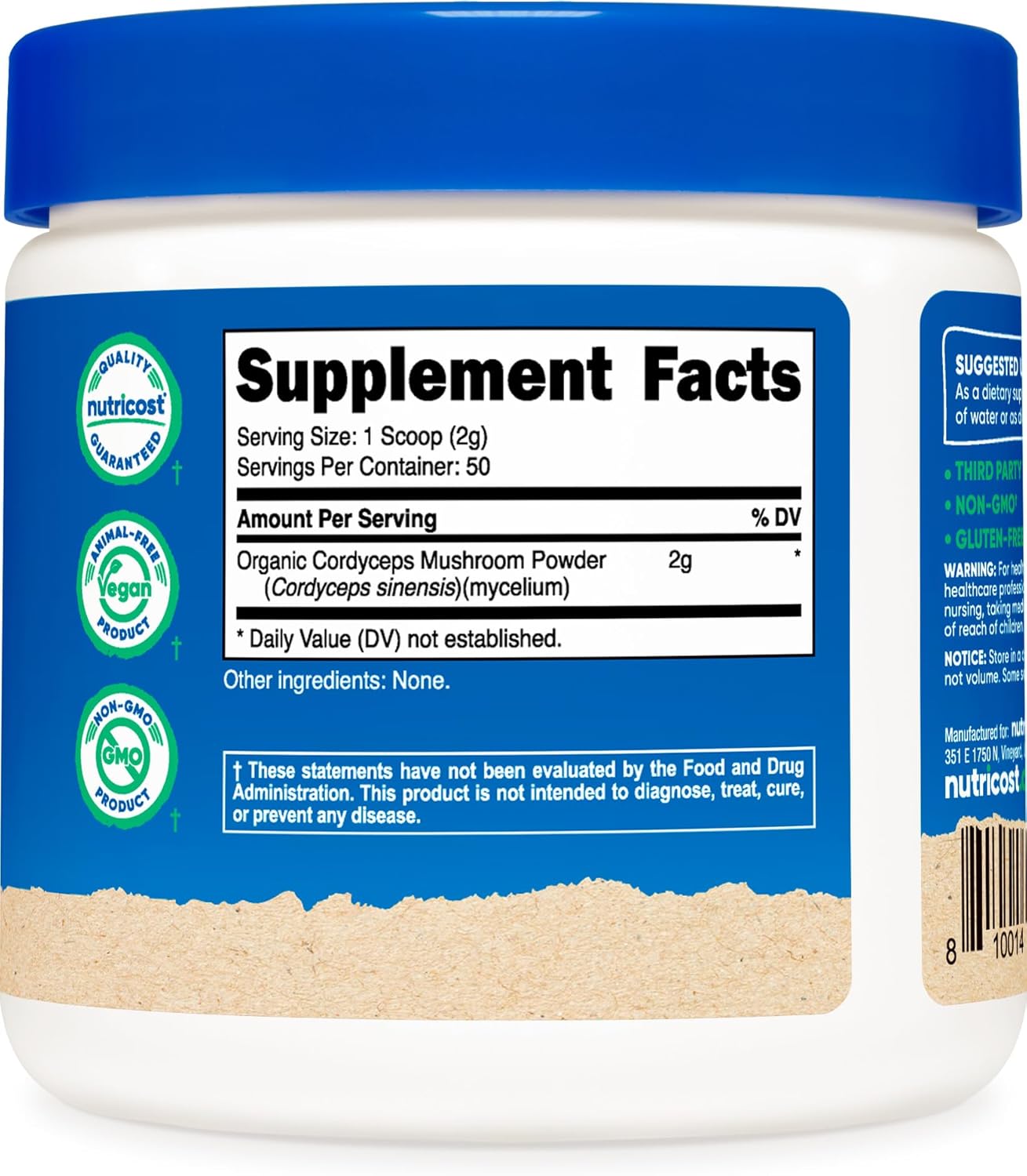 Organic Cordyceps Powder 100g - USDA Certified, Non-GMO, Gluten Free by Nutricost