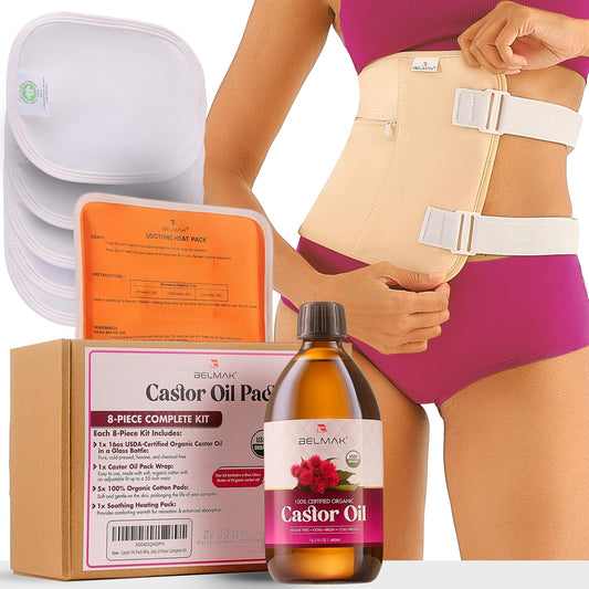 Organic Cotton Castor Oil Pack Wrap Kit for Liver Detox - Includes 16.2 oz Glass Bottle - Reusable Castor Oil Pads for Stomach - 8 Piece Set