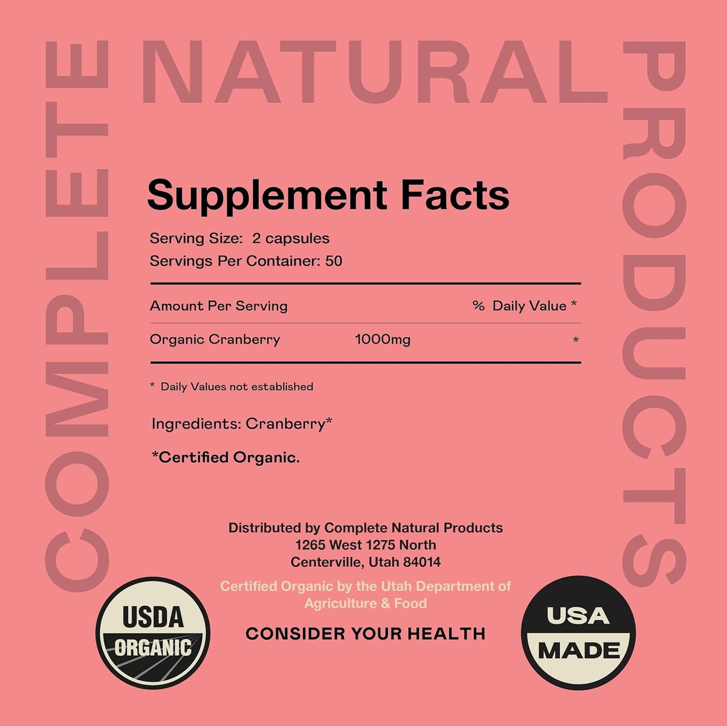Organic Cranberry Capsules - 100 Count - 475mg Supplement - Vegan Concentrate & Powder Pills