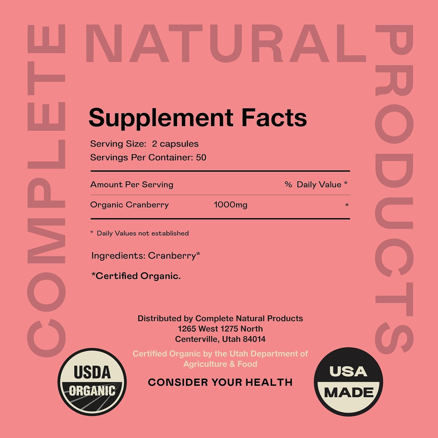 Organic Cranberry Capsules - 100 Count - 475mg Supplement - Vegan Concentrate & Powder Pills