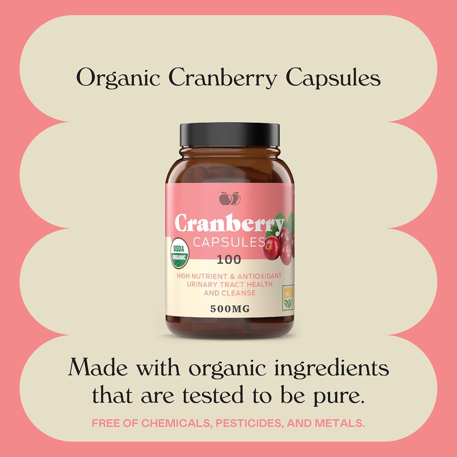 Organic Cranberry Capsules - 100 Count - 475mg Supplement - Vegan Concentrate & Powder Pills