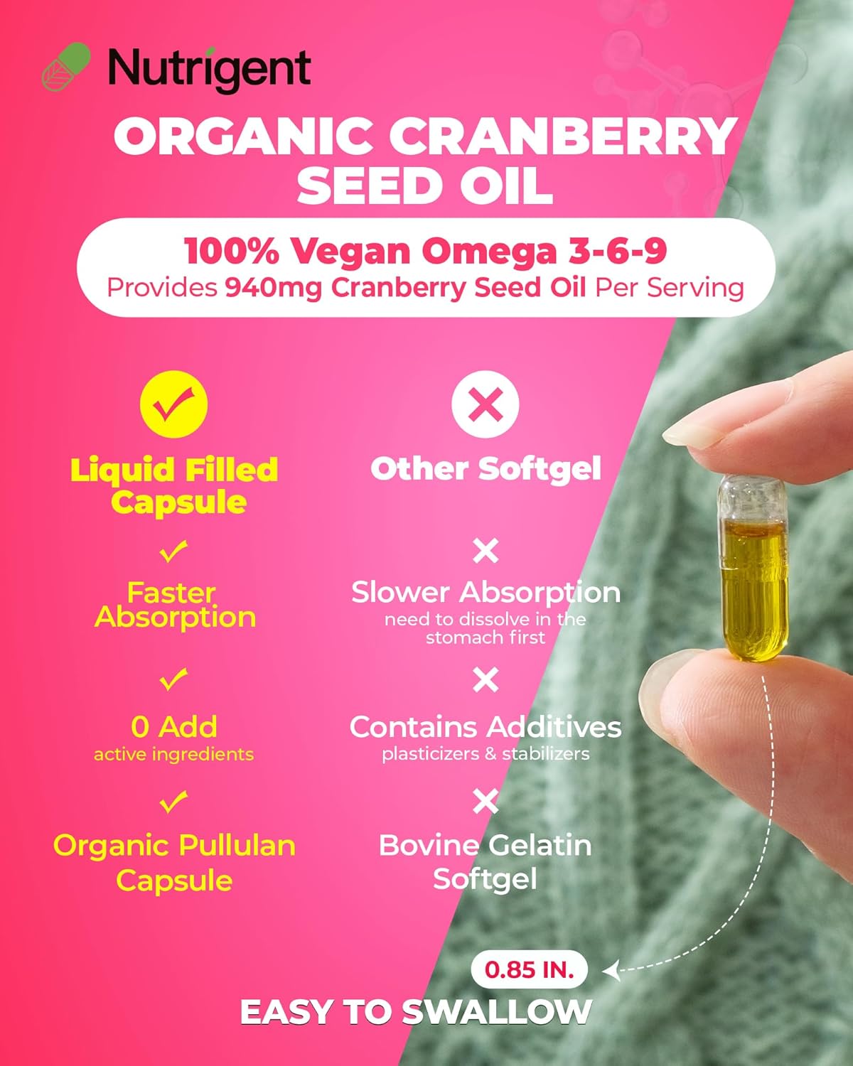 Organic Cranberry Seed Oil Capsules 940mg - Omega 3-6-9 Fatty Acids for Urinary & Skin Health - 60 ct