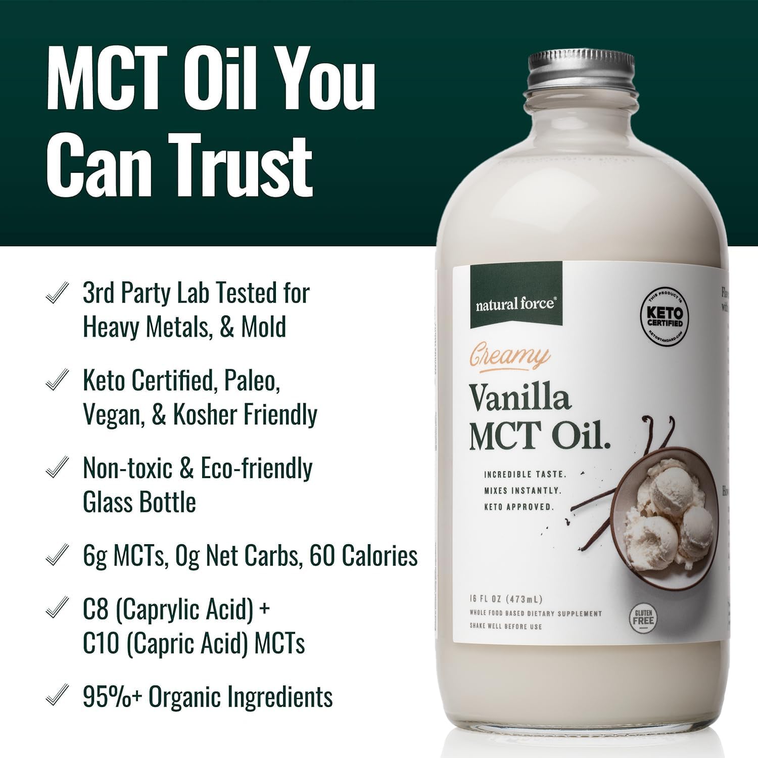 Organic Creamy Vanilla MCT Oil with Pure Coconut MCTs - Gluten-Free, Non GMO - Keto, Paleo, Vegan - 32oz Glass Bottles