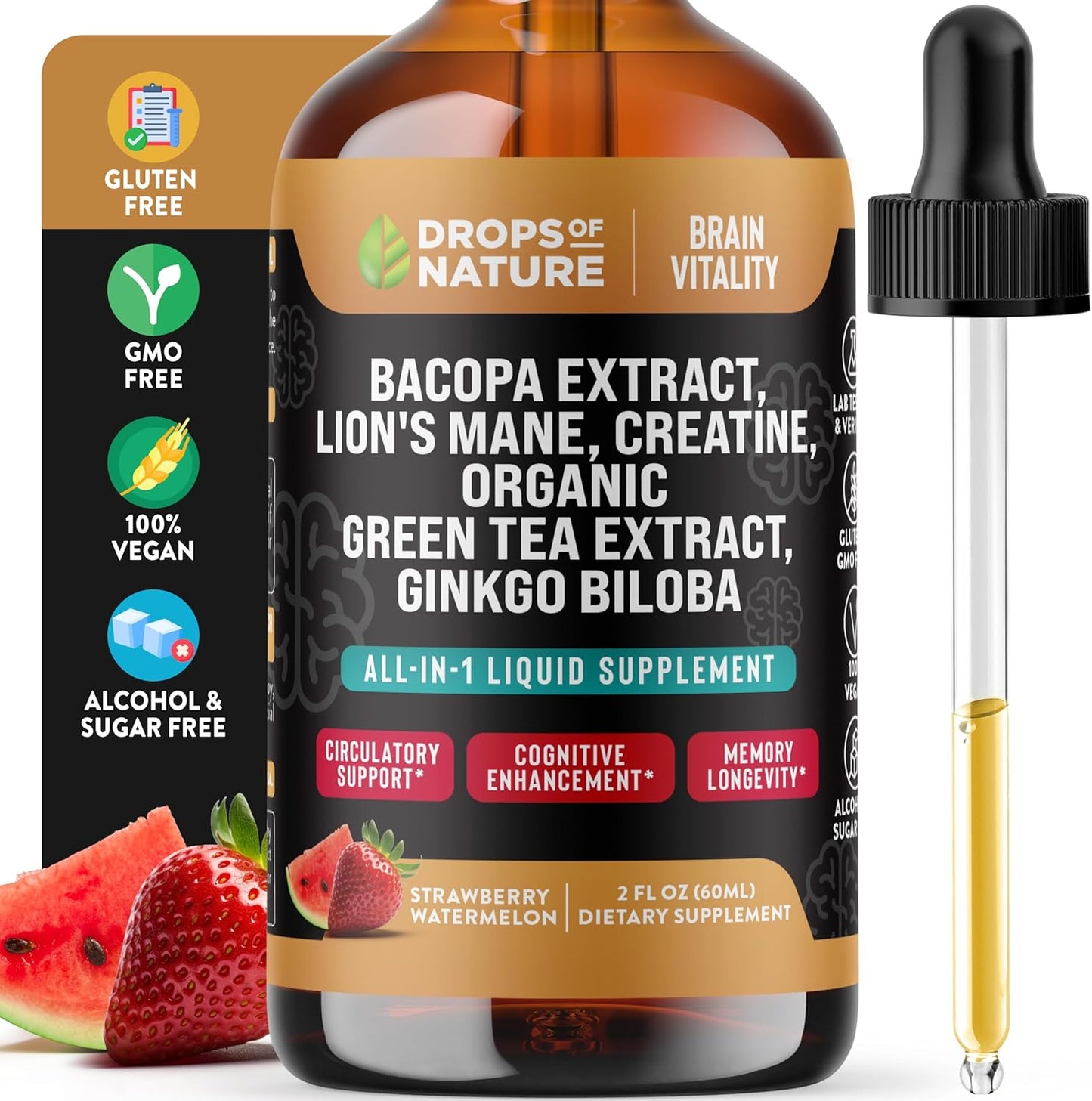 Organic Creatine & Bacopa Liquid Drops with Lion’s Mane, Green Tea & Ginkgo Biloba - Enhanced Absorption for Focus & Cognition - Vegan Strawberry Watermelon Supplement - 60mL