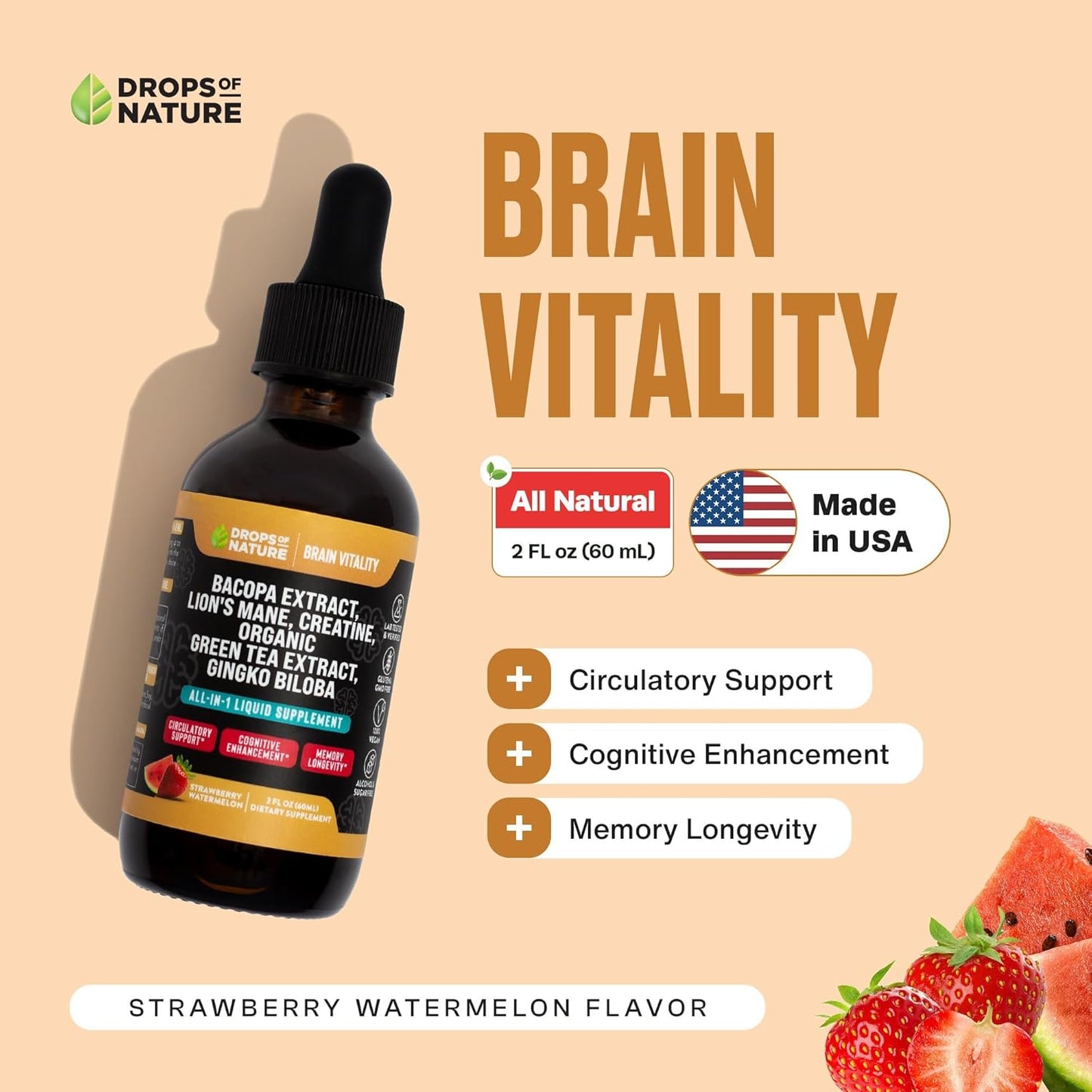 Organic Creatine & Bacopa Liquid Drops with Lion’s Mane, Green Tea & Ginkgo Biloba - Enhanced Absorption for Focus & Cognition - Vegan Strawberry Watermelon Supplement - 60mL