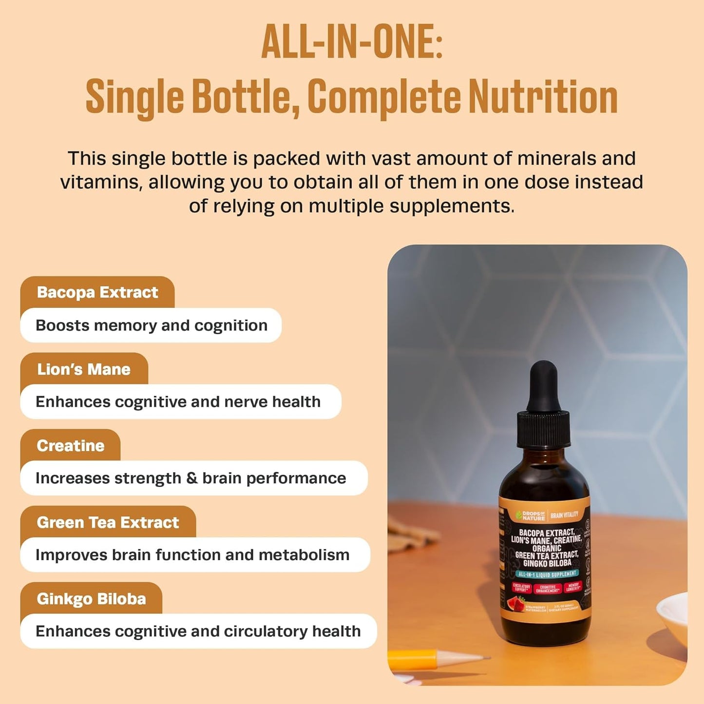 Organic Creatine & Bacopa Liquid Drops with Lion’s Mane, Green Tea & Ginkgo Biloba - Enhanced Absorption for Focus & Cognition - Vegan Strawberry Watermelon Supplement - 60mL