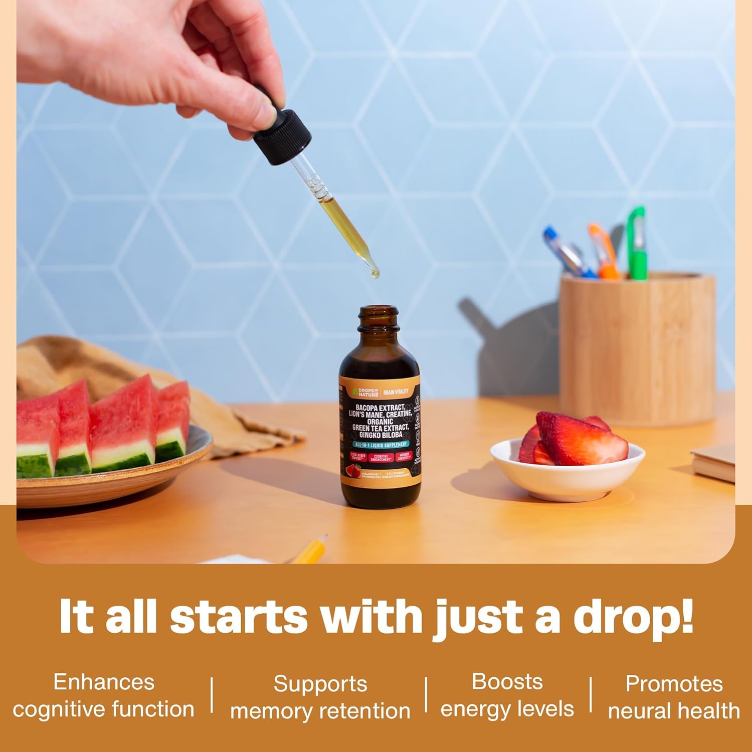 Organic Creatine & Bacopa Liquid Drops with Lion’s Mane, Green Tea & Ginkgo Biloba - Enhanced Absorption for Focus & Cognition - Vegan Strawberry Watermelon Supplement - 60mL