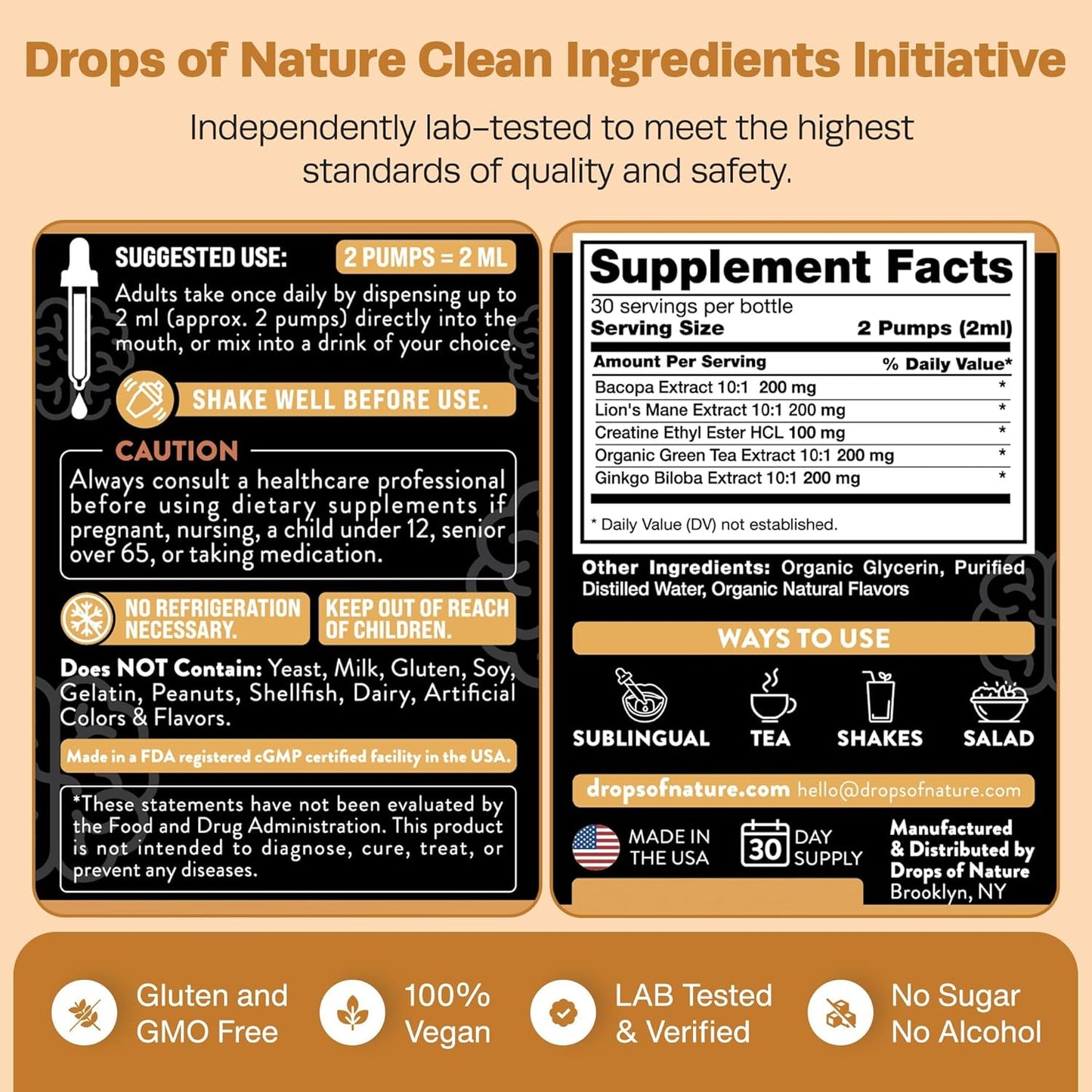 Organic Creatine & Bacopa Liquid Drops with Lion’s Mane, Green Tea & Ginkgo Biloba - Enhanced Absorption for Focus & Cognition - Vegan Strawberry Watermelon Supplement - 60mL