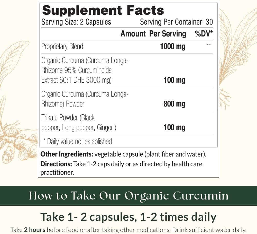 Organic Curcumin Extract 95% with Black Pepper, Long Pepper, and Ginger - 60 Vegan Capsules by Sewanti