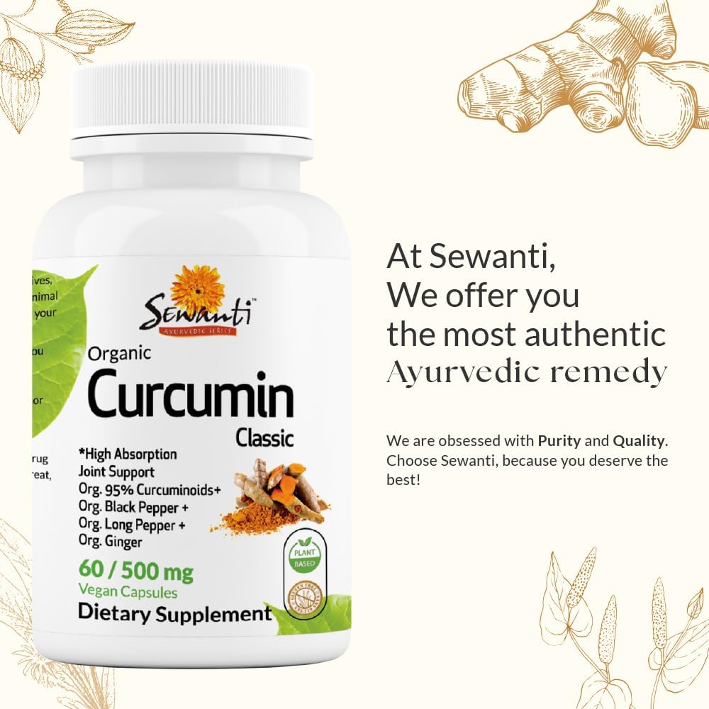 Organic Curcumin Extract 95% with Black Pepper, Long Pepper, and Ginger - 60 Vegan Capsules by Sewanti