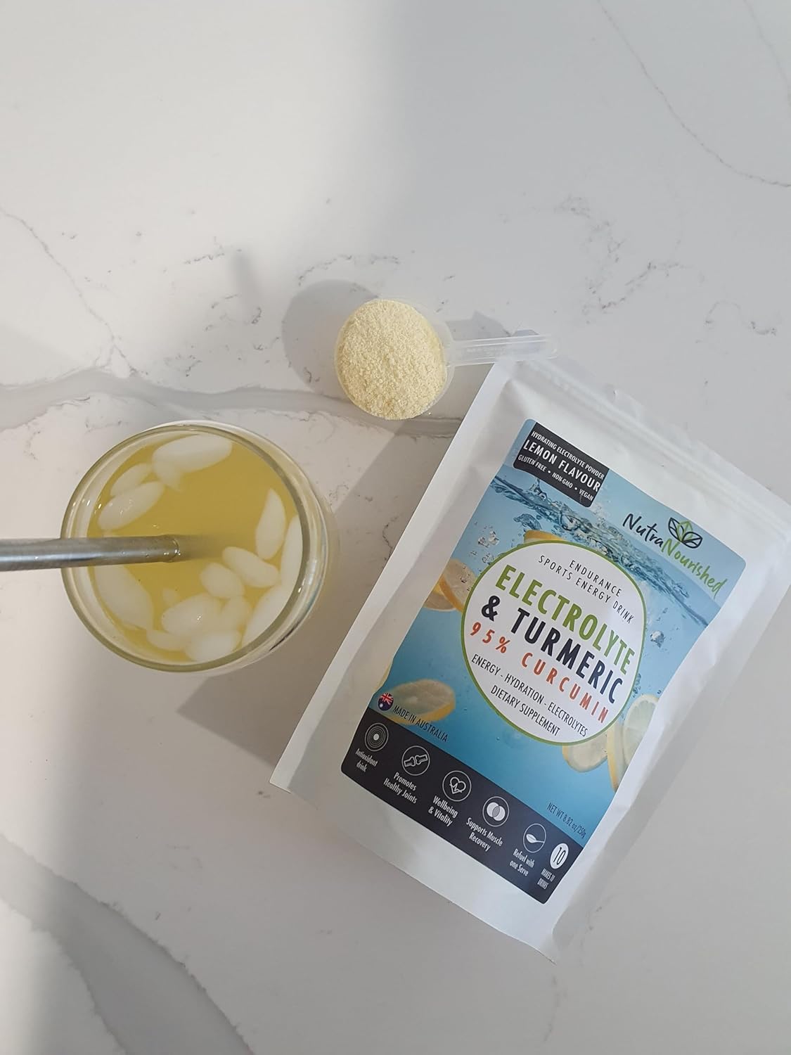 Organic Curcumin Infused Electrolyte Powder for Sports Energy - Lemon Flavor Hydration Mix - 250g Sugar-Free Turmeric Drink